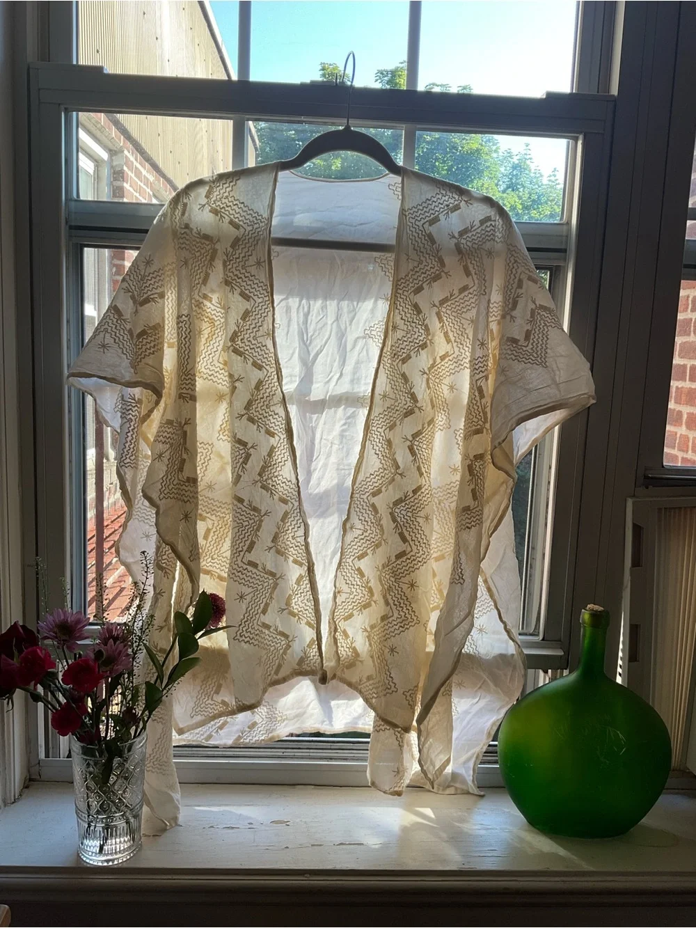 Sheer Embroidered Open Kimono - Cream with Gold Stitching
